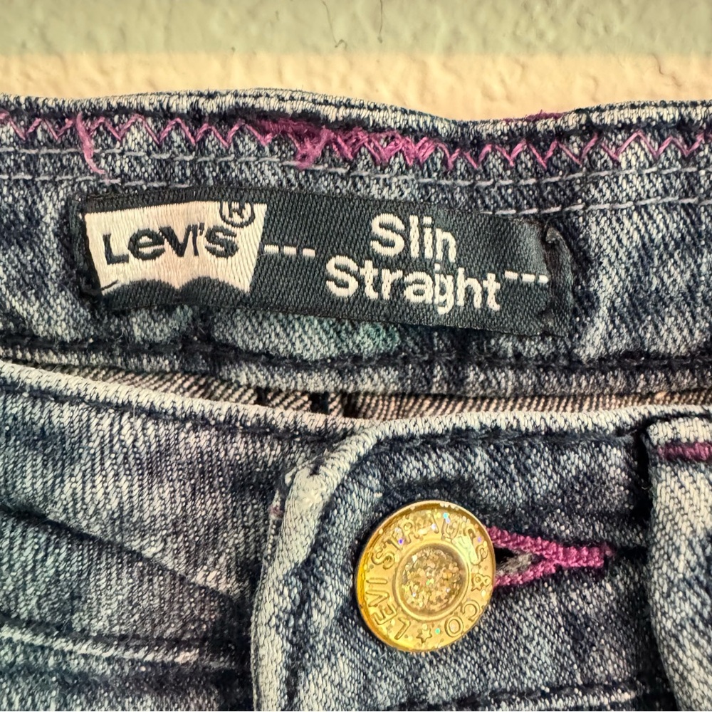 Levi's Blue Distressed Straight-Leg Jeans With Adjustable Waist and Embroidery. - Picture 4 of 13